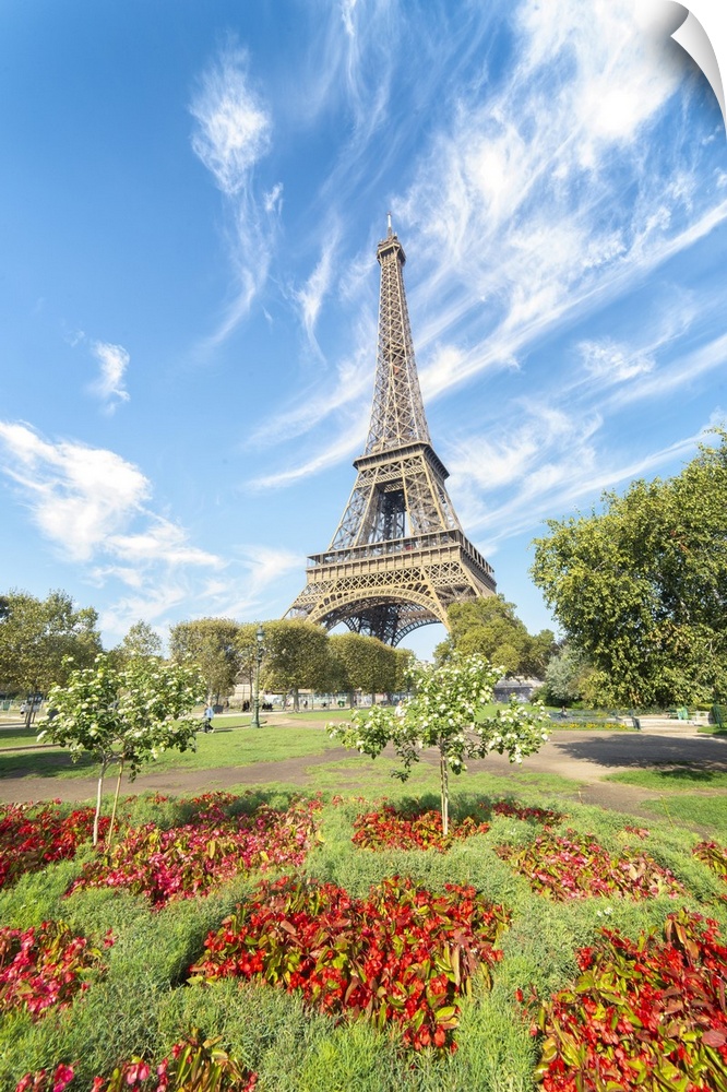 Eiffel tower under a lignting blue sky in front of red flowers at summer.