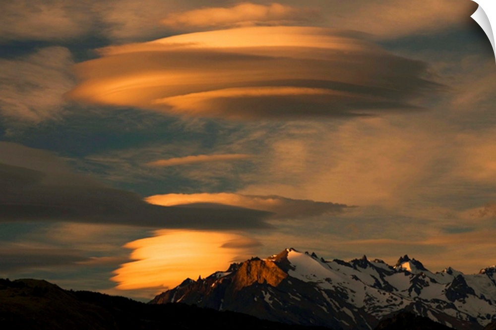 Lenticular clouds loom above the Andes Mountains, El Chalten, Argentina.