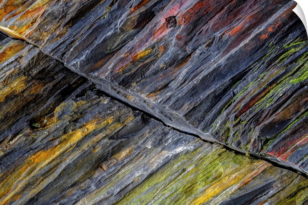 Photograph of a cross section view of colorful rock displaying layers of age.