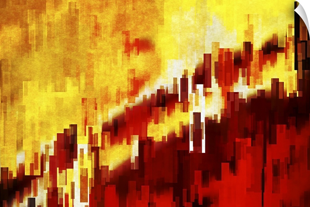 Bright red and yellow lights from a city scene warped into stretched, square shapes to create an abstract image.