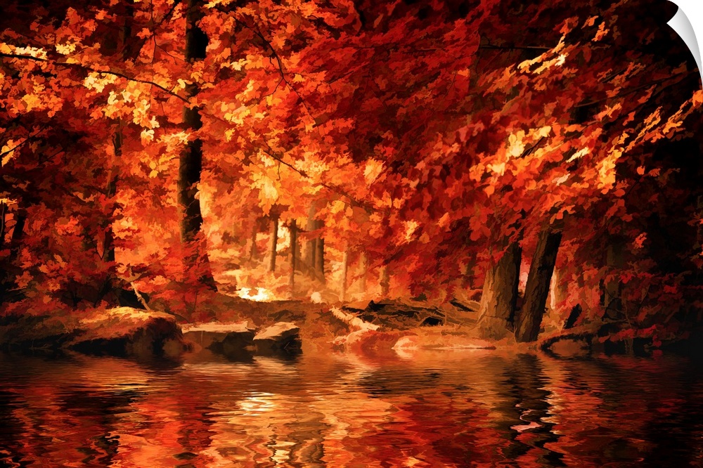 A river in a forest reflecting the orange and red leaves around it.