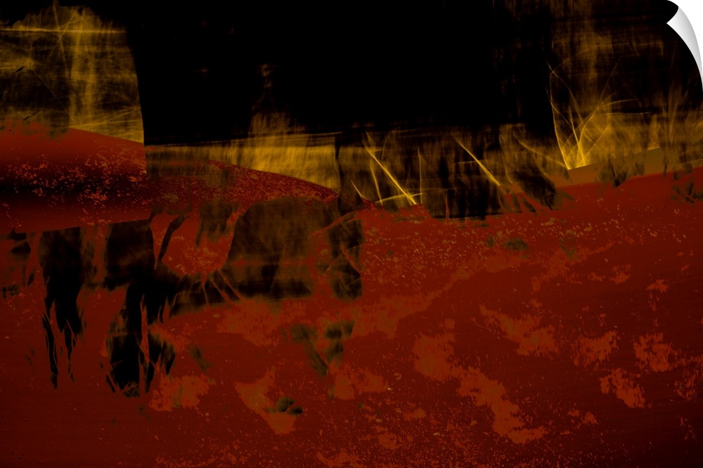 Abstract image with deep red, black, and golden hues layered together to create texture.