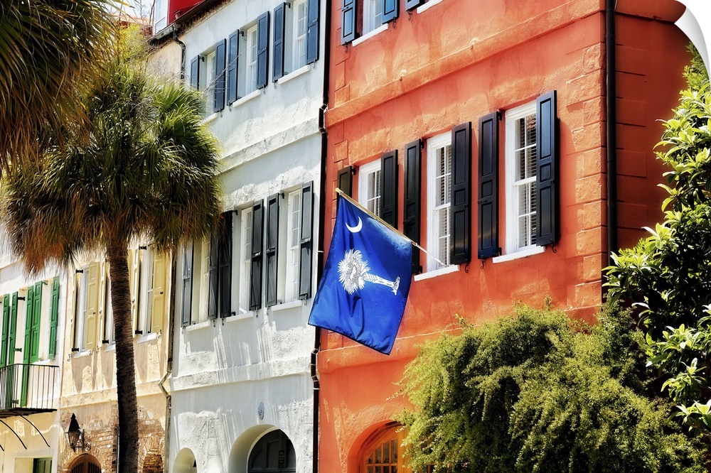 Low Angle View of Colorful House Exteriors with a Flag, Charleston, South Carolina