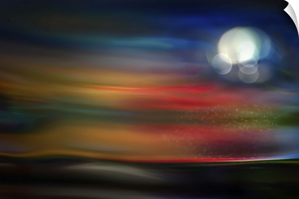 Abstract photograph of blurred and blended colors and flowing lines with a glowing moon.