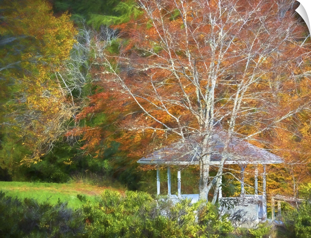 A perola set in a fall landscape with a painterly effect.