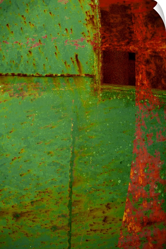 Green and red artwork layered with heavy textures and a distressed speckling.