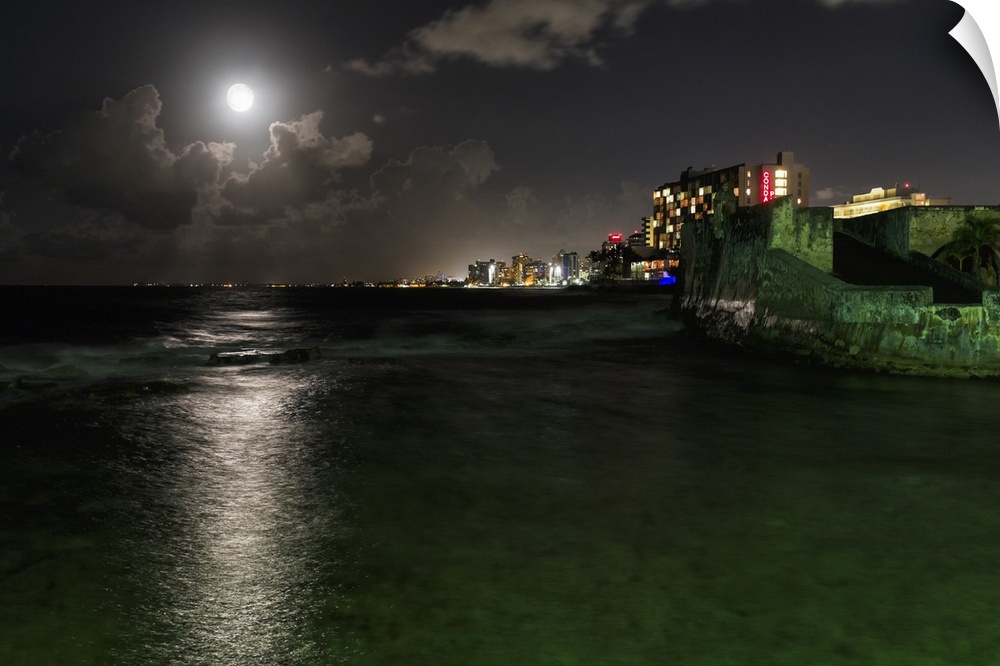 Night Scenic View of Ocean Front Buildings of Condado and Fort