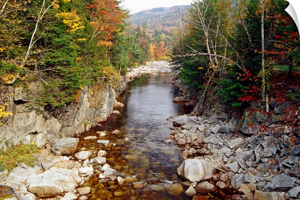 A calm creek runs through rocky terrain with forests on either side and autumn colored mountains in the background.