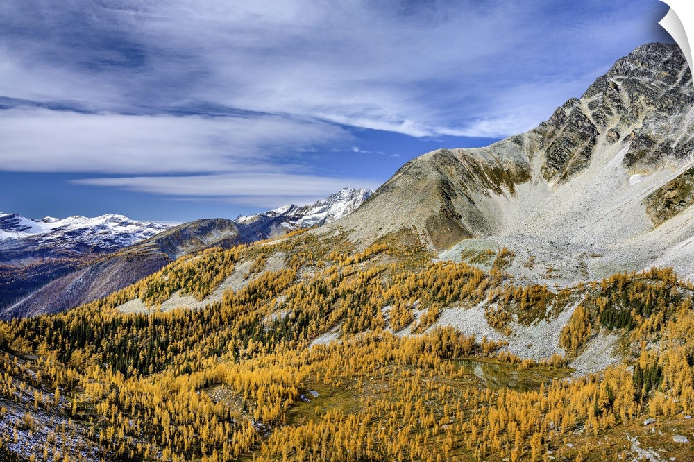 Golden basin in the high mountains in fall.