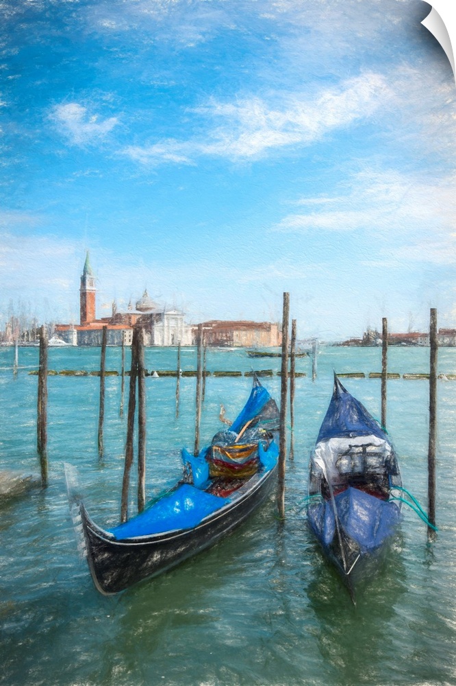 Fine art photo of two gondolas moored against posts in Venice, Italy.