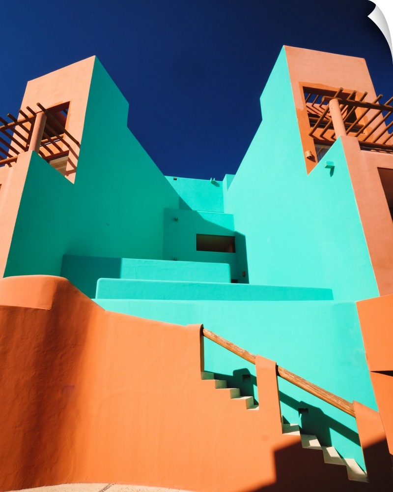 Low angle view of colorful adobe style buildings, Cabo San Lucas, Baja California Sur, Mexico.