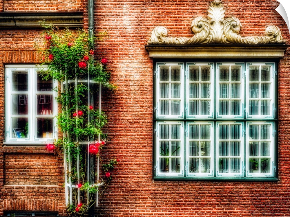 Traditional German Windows in a Brick Building, Old Hamburg, Germany.