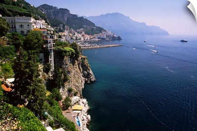 High Angle View Of The Amalfi Coastline At Amalfi, Campania, Italy