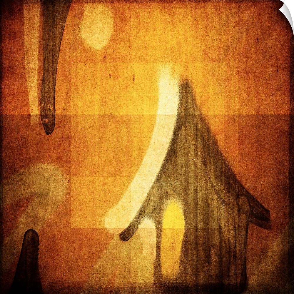 Conceptual photograph of abstract shapes resembling a small house with the sun above in amber shades.