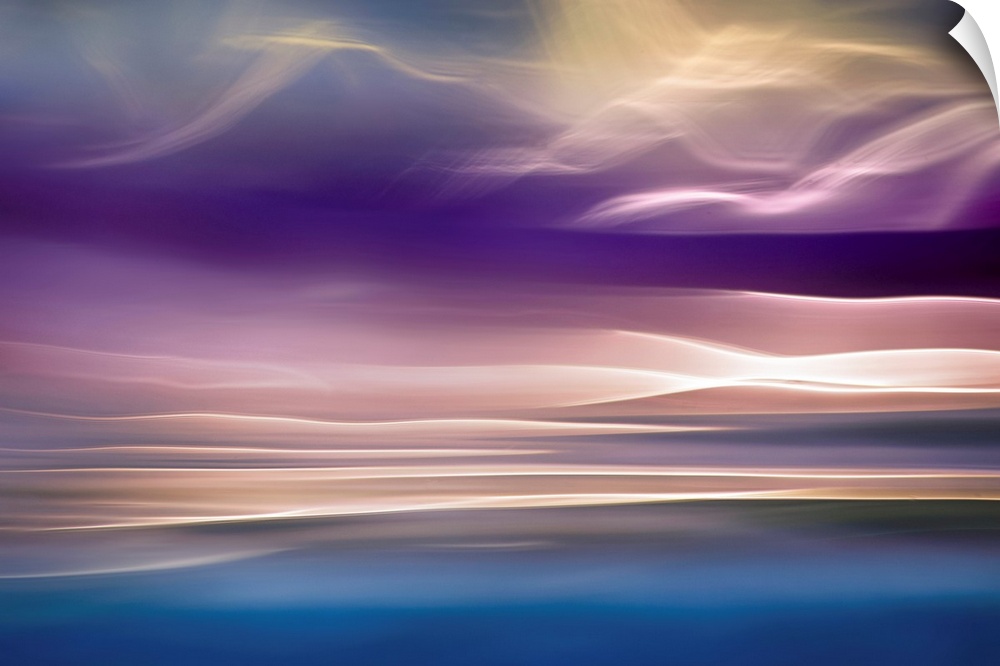 Abstract photograph with beams of light resembling mountains, in shades of pink and blue.