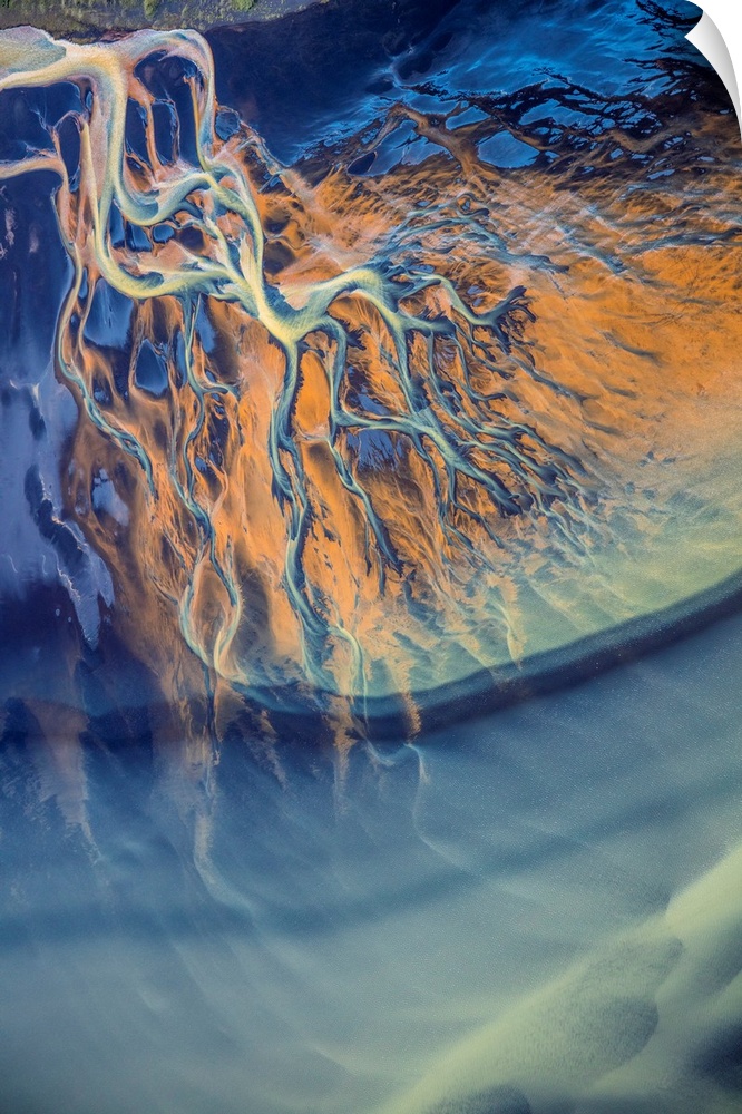 Aerial view of a river delta in Iceland, creating an abstract image.