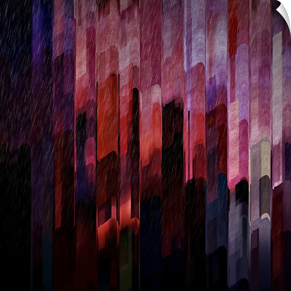 Pink and red lights from a city scene warped into abstract shapes to create a mosaic-like image.