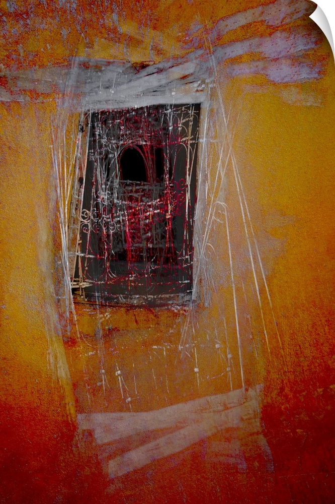 An abstract expressionistic image of a window in a wall in golds, reds, silvers and blues.