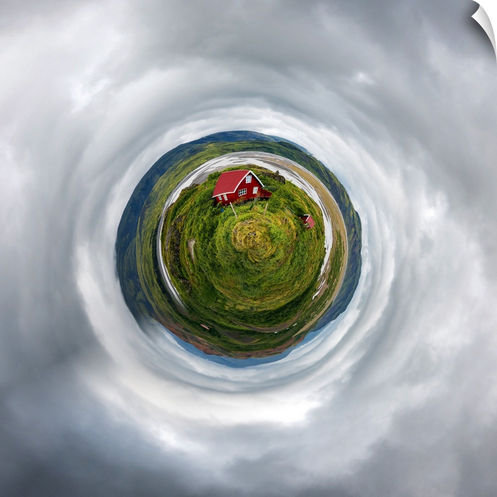 A red farmhouse in a lush green field under stormclouds, with a stereographic projection effect on the image, resembling a...