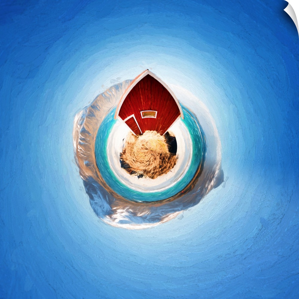 A red barn with mountains in the winter, with a stereographic projection effect on the image, resembling a tiny planet.
