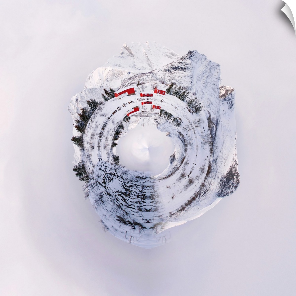 A red barn nestled in the snowy landscape under tall mountains, with a stereographic projection effect on the image, resem...