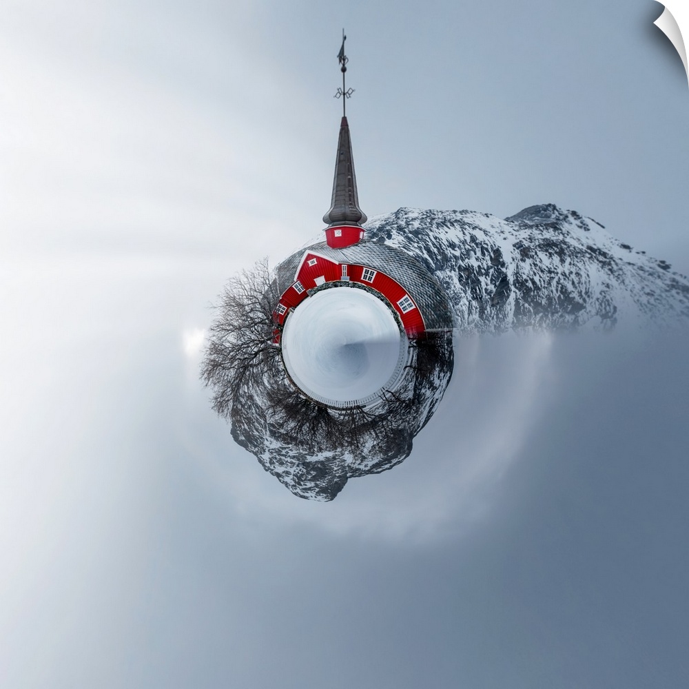 A red church with a tall steeple in the winter, with a stereographic projection effect on the image, resembling a tiny pla...