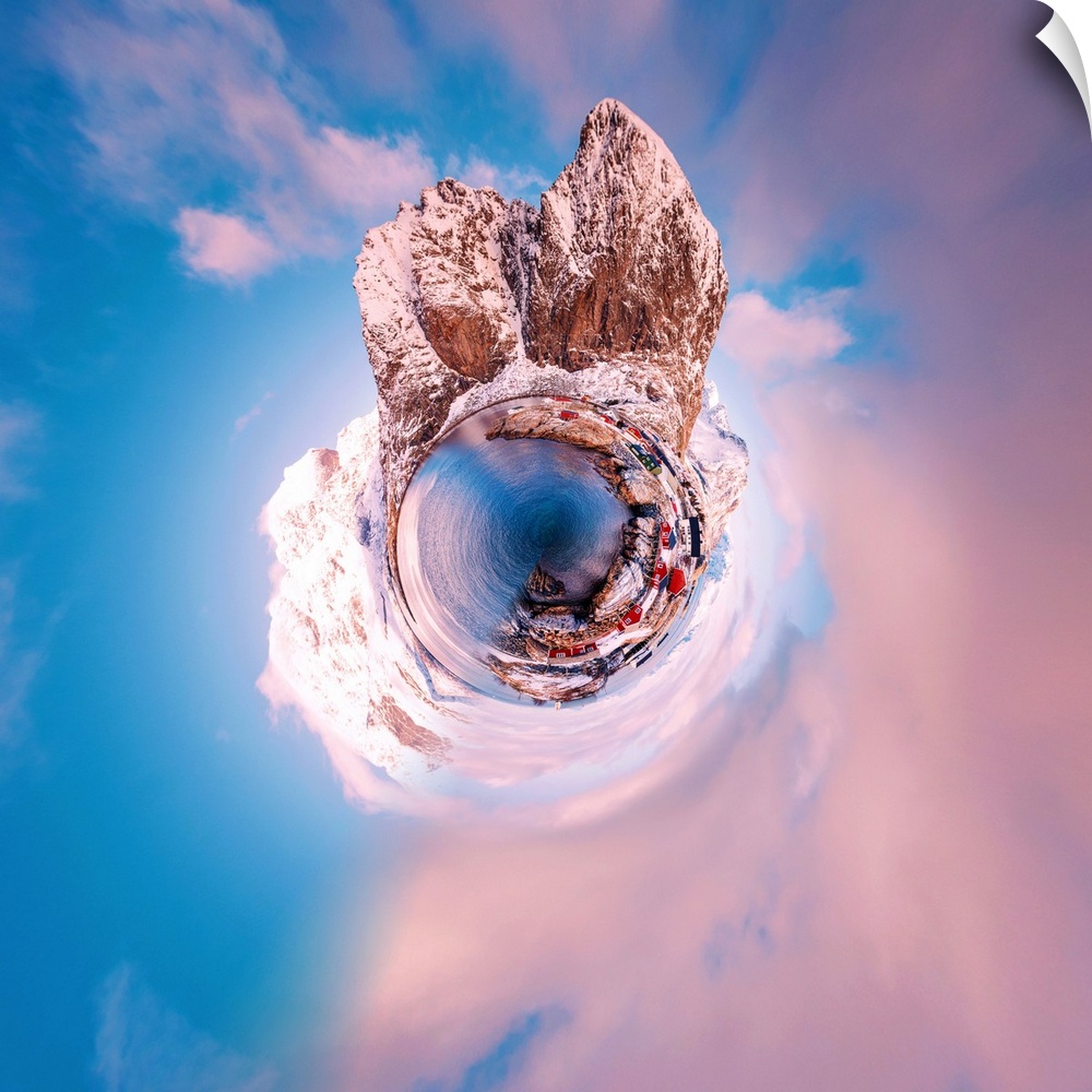 Snow covered mountain peaks at sunset with a pale pink sky, with a stereographic projection effect on the image, resemblin...