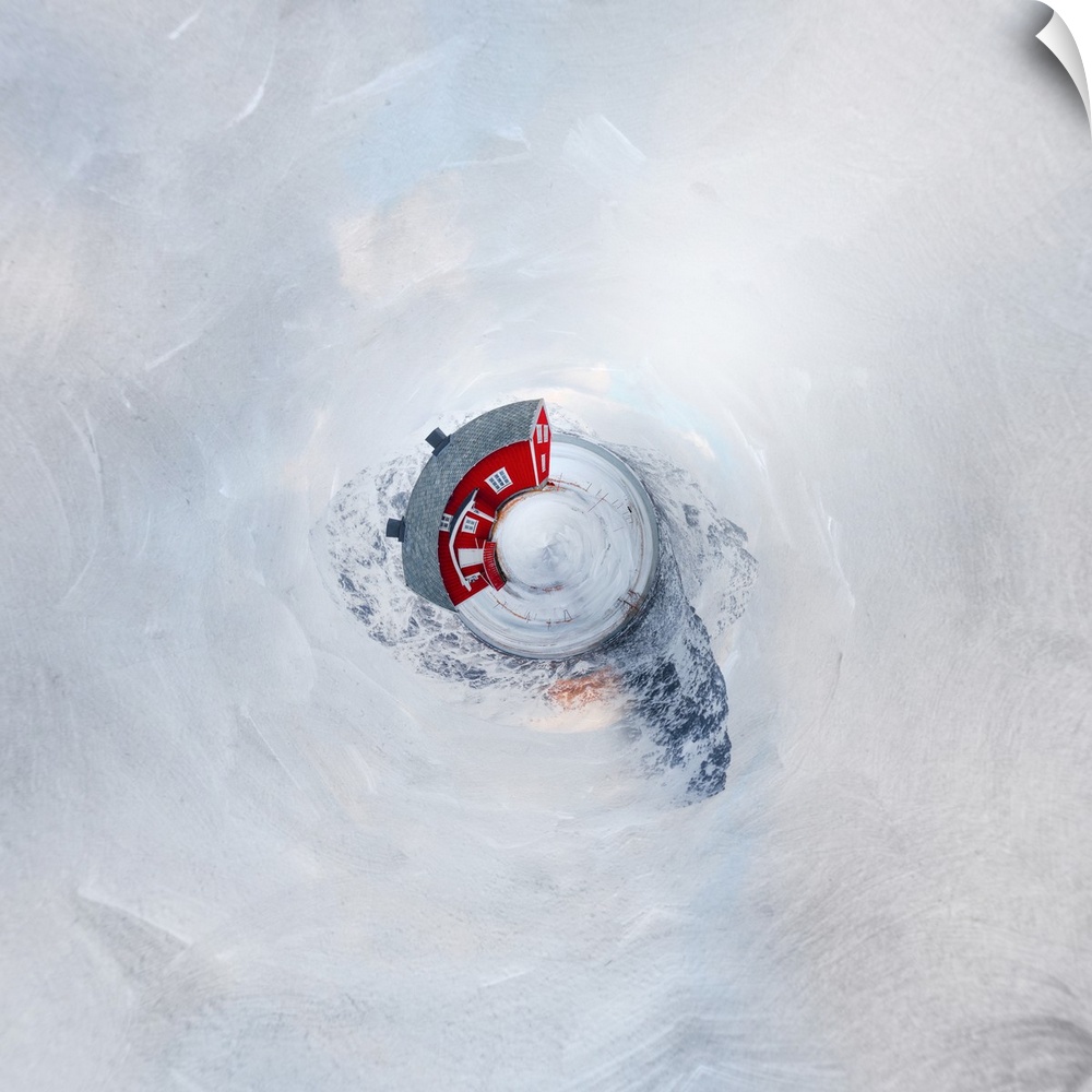 A red barn surrounded by tall mountains in the winter, with a stereographic projection effect on the image, resembling a t...