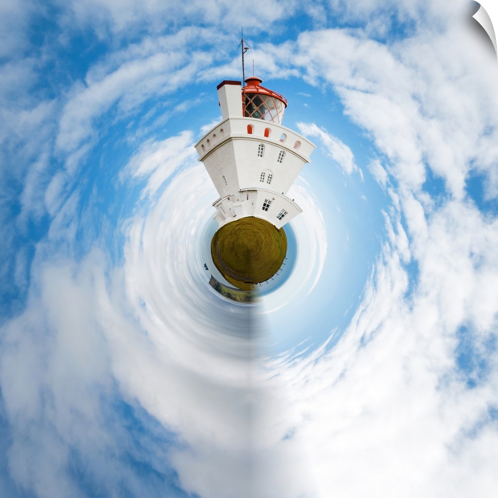 A tall white building rising into the cloudy sky, with a stereographic projection effect on the image, resembling a tiny p...