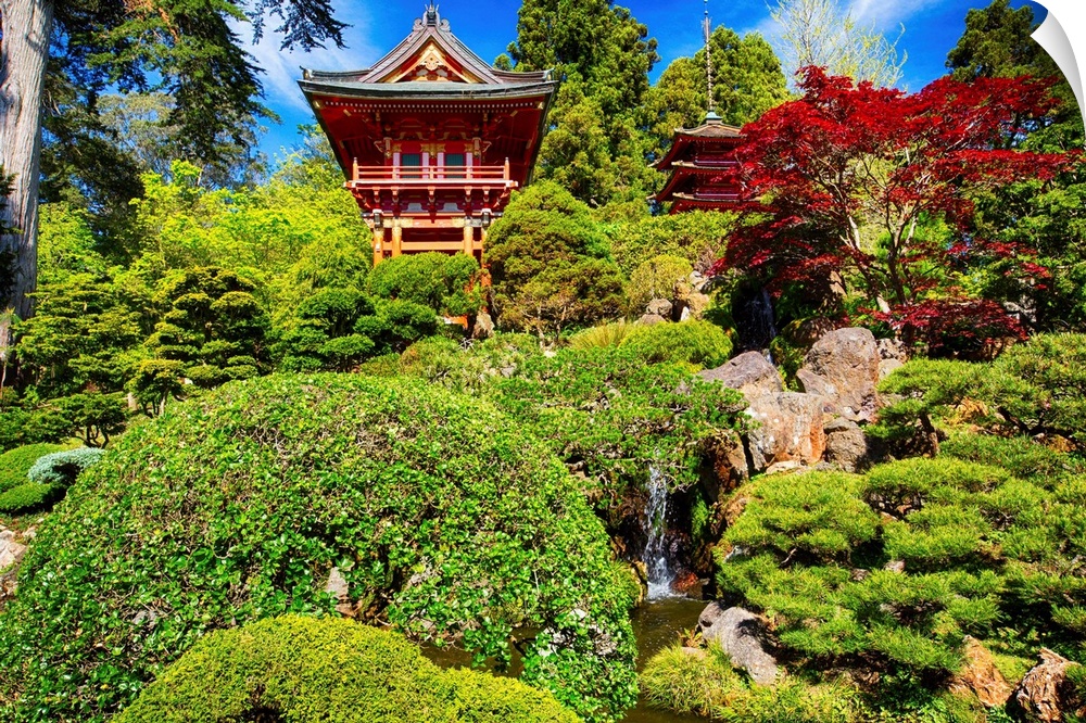 Traditional Japanese Pavilions in a Garden with a Small Waterfall.