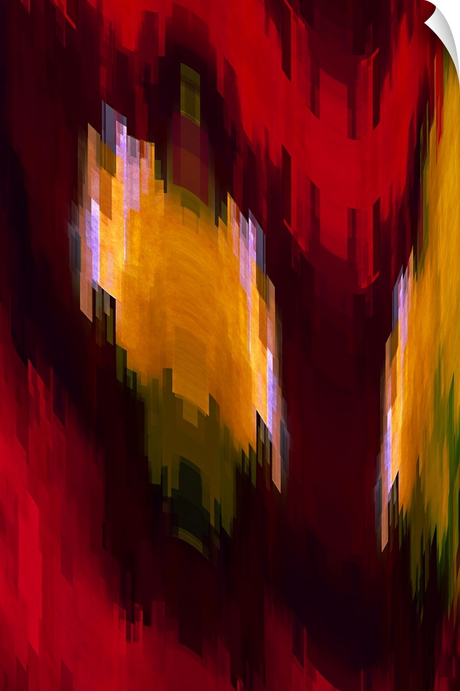 Red, yellow, and green lights from a city scene warped into abstract shapes to create a mosaic-like image.