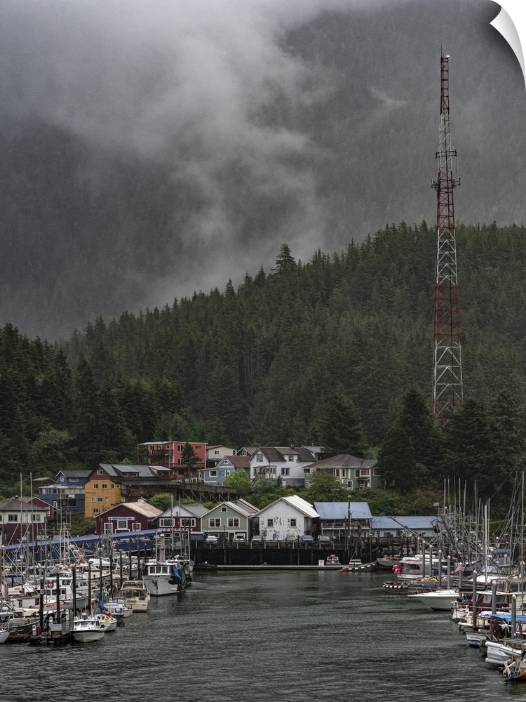 A gentle and peaceful rain falls on beautiful Ketchikan Harbor, with it's backdrop of evergreen mountains, homes and build...