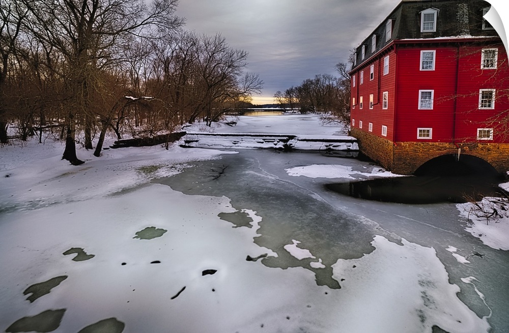 Winter Landscape with the Kingston Gristmill at the Lake Carnegie Dam, New Jersey, USA