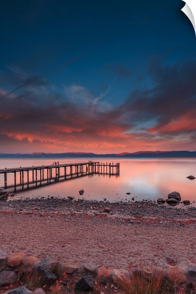 Fiery sunset clouds over Lake Tahoe at Sugar Pine Point State Park, California.