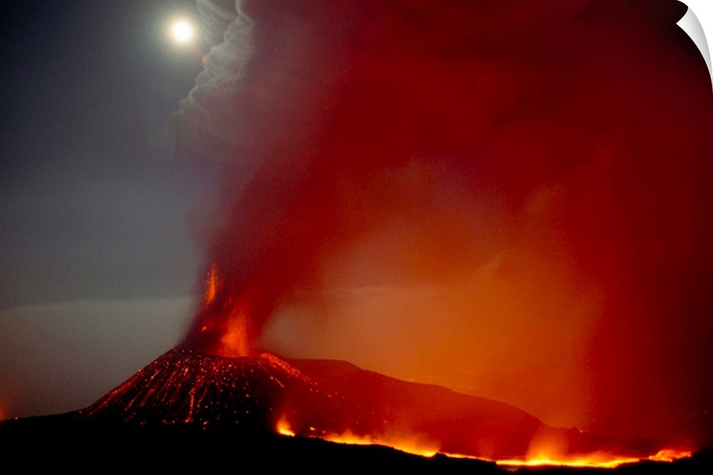 Moon over erupting summit vent, Mt. Etna, Sicily, Italy