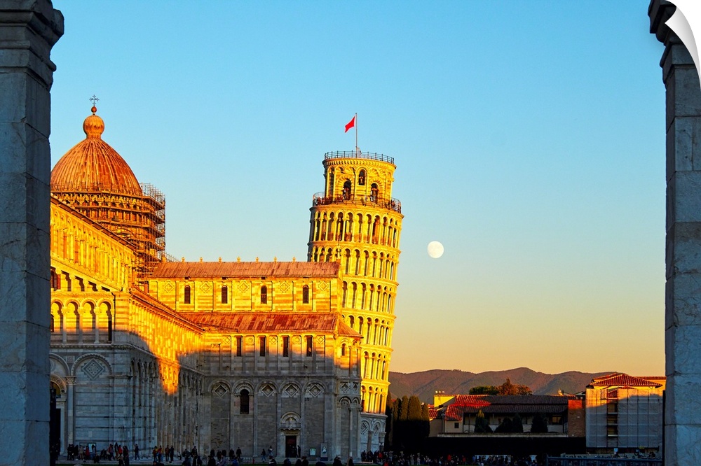 Low angle view of the Church of Pisa with the Leaning Tower, Tuscany, Italy.