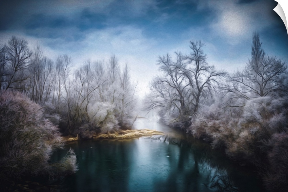 Photo Expressionism - Blue river surrounded by frozen trees in winter.