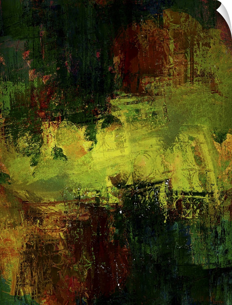 An abstract expressionist image of shimmering textures in golds, russets and greens.