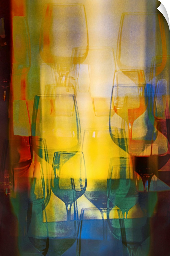 Fine art image with colorful wine glasses layered on top of each other in different sizes and colors.