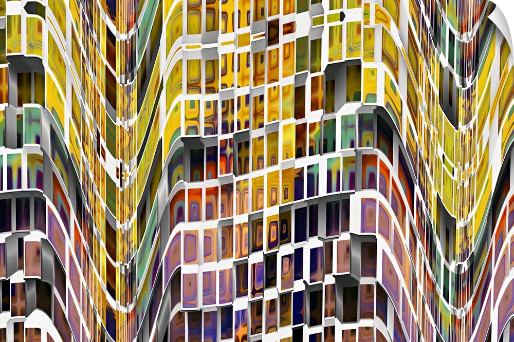 Conceptual photo of windows in a skyscraper full of bright colors, warped and twisted to create an abstract image.