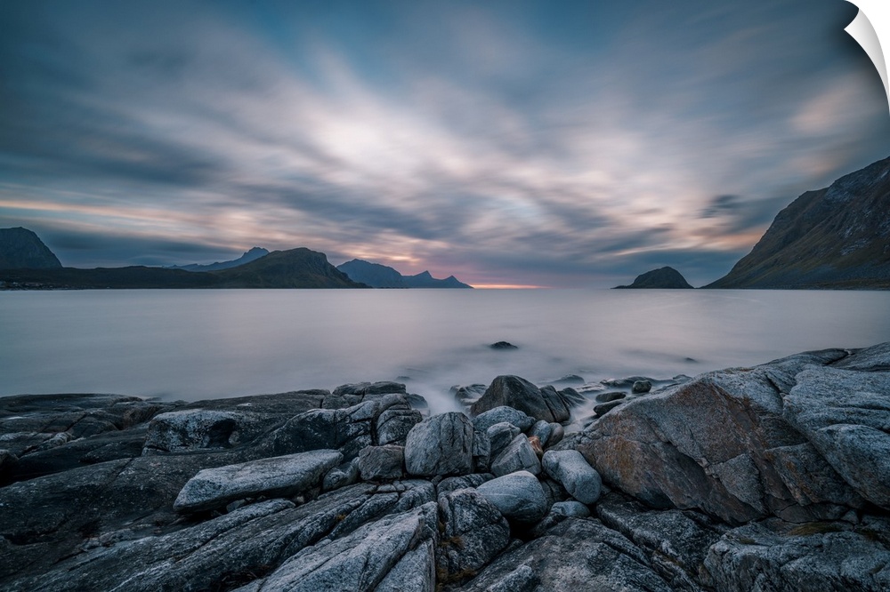 Silky water from long exposure near Haukland Beach in Lofoten, a beach favored by northern light hunters.