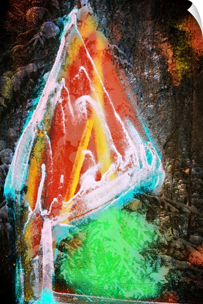 Photograph of rocky woods in the background with an overlay of brightly colored paint.