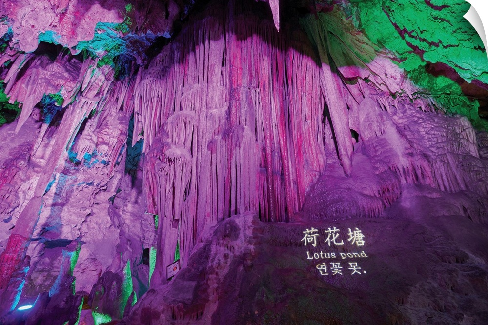 Lotus pond and illuminated Karst Cave, Zhashui County, Shaanxi, China.
