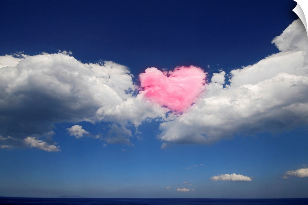 This large piece shows immense clouds with a heart shaped cloud in the middle that has been colored pink.