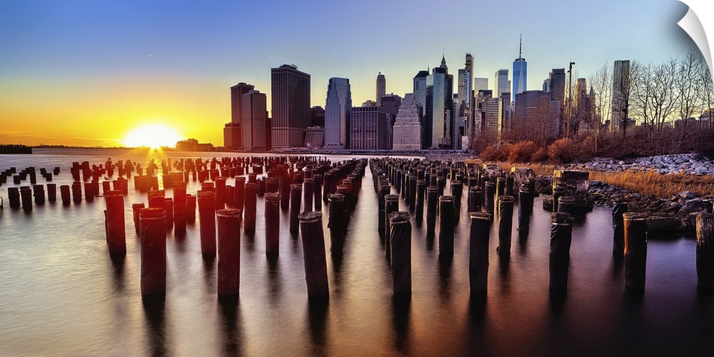 Lower Manhattan Sunset Viewed from Brooklyn, New York City, USA.