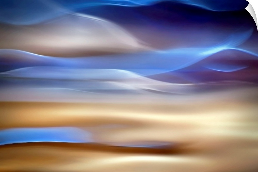 An abstract piece of artwork that has waves of blue and tan running horizontally.