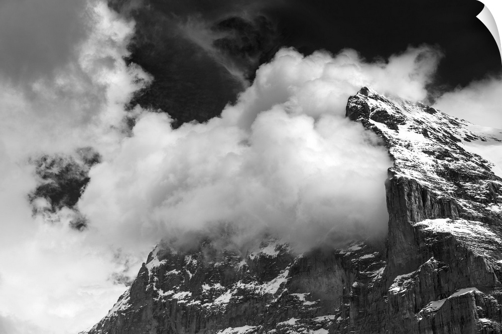 Clouds in the mountains, black and white photo
