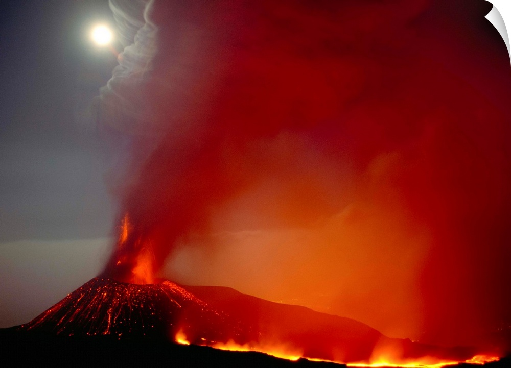 Fine art photo of a volcano erupting and spewing ash into the night sky.