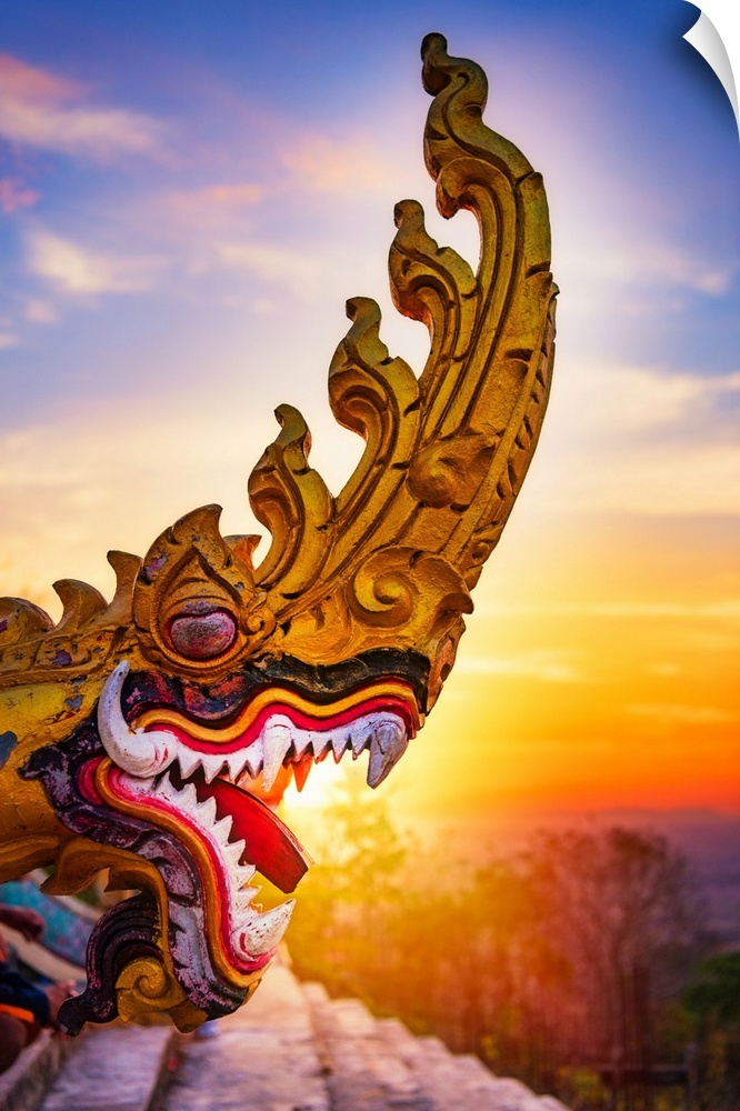 A dragon's head close-up in front of a sunset in Asia