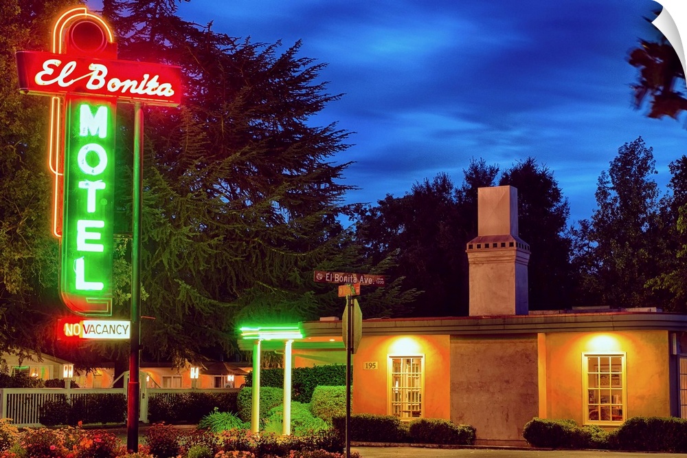 Fine art photo of a motel in Napa Valley with bright neon signs.